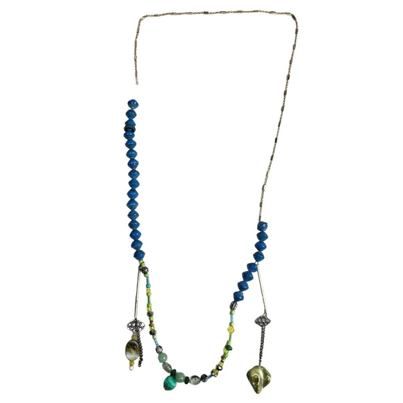 Blue Paper Beads assemblage Drop Bar Chain Rose Beads Necklace - Picture 1 of 5